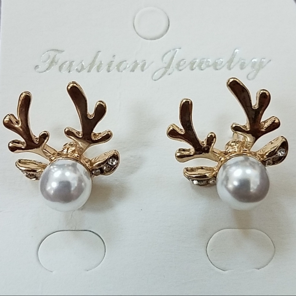 Reindeer Earrings Gold Tone with Faux Pearl - Picture 14 of 15